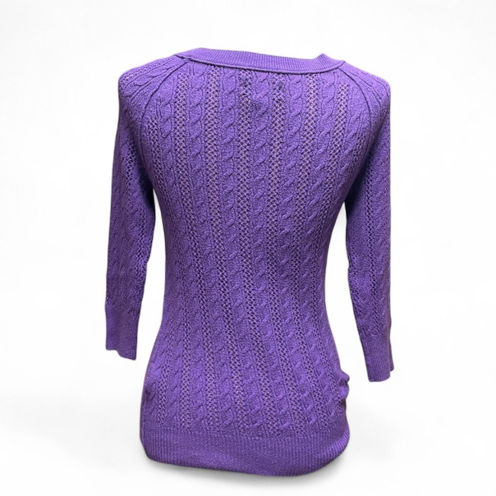 American Eagle Outfitters Y2K Style Purple Cable Knit 3/4 Sleeve Skinny Sweater - Picture 3 of 10